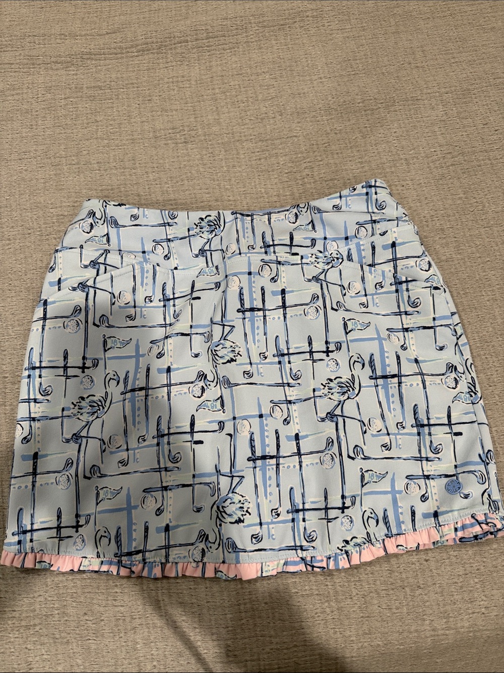 Lilly Pulitzer Light Blue Patterned Mini Skirt with Pink Ruffle Hem